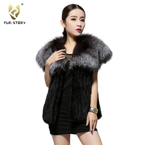Women's Knitted Real Mink Fur Splicing Silver Fox Fur Vest Real Fur Vest Female