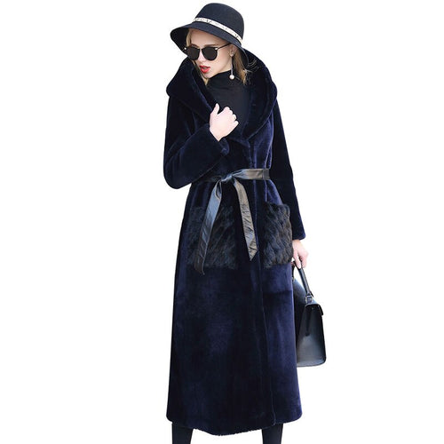 Winter Coat Women Fur Coat Mink Mouth with Hooded Sheep Fur Coat Women Long FS21143