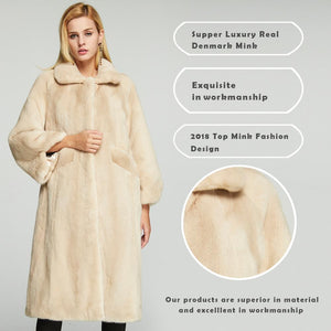 Fur Story FS18117 Women's Genuine Rabbit Fur Long Coat Turn-down Collar Women Jacket Belt Overcoat