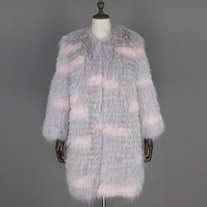 Winter Clothes Women Women's Raccoon Dog Fur Light Grey Stripe Long Lady Fur Coat FS21126