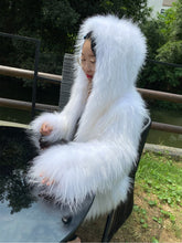 Load image into Gallery viewer, White Raccoon Dog Fur Stripe Woven Fur Coat Short Women&#39;s Slim Hood FS21110