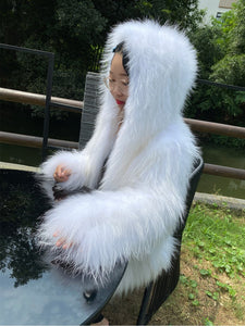 White Raccoon Dog Fur Stripe Woven Fur Coat Short Women's Slim Hood FS21110
