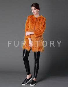 Women's Real Fur Coat Rabbit Fur Coats with Raccoon Hem Jacket
