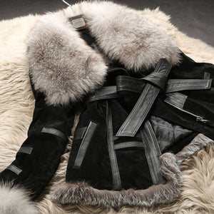 Genuine Leather Coat Full Pelt Fox Fur Collar Collar and Sleeve Cuff Jacket