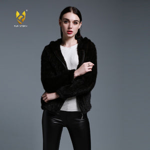 Women's Genuine Knitted Mink Fur Coat with Hood Winter jacket Women 15131