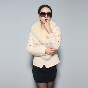 Genuine Sheep Leather Down Jacket Fox Fur Collar Thick Jacket Winter Overcoat