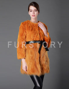 Women's Real Fur Coat Rabbit Fur Coats with Raccoon Hem Jacket