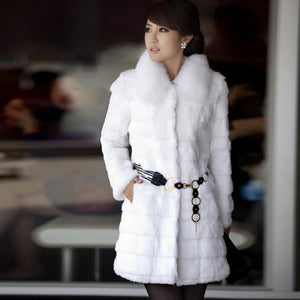 Womens Coat Real Rabbit Fur Coat with Fox Fur Collar Coat Jacket Overcoat Winter Coat