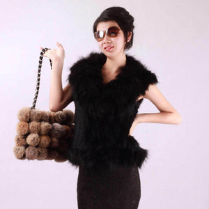 Natural Rabbit Fur Vest Big Fox Fur Collar Jacket Coat