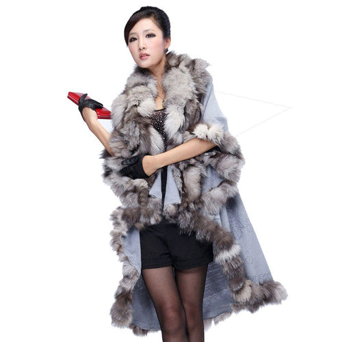 Real Fox Fur & Wool Coat Jacket Shawl Stole Poncho Fox Fur Collar 5 Color Fur Story FS070210