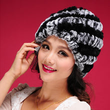 Load image into Gallery viewer, Women Knitted Real REX Rabbit Fur Hat Skullies Beanie Headgear 060108