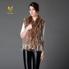 Load image into Gallery viewer, Natural Rabbit Fur Women Knitted Vest with Raccoon Sur Collar Gilet Argyle Sweater Vests