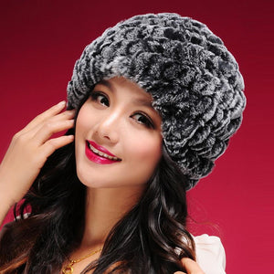 Women Knitted Real REX Rabbit Fur Hat Skullies Beanie Headgear 060108