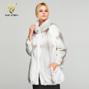 Fur Story FS18119 Women's Genuine Mink Fur Coat Stand-up Collar Overcoat