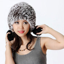 Load image into Gallery viewer, Women&#39;s Tight Knitted Real REX Rabbit Fur Hat Beanie Fur Fox Fur Pompom 14605