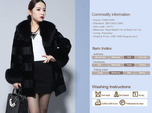 Natural Rabbit Fur Coat Fox Fur Collar Sleeve Cuff Jacket Winter Long Overcoat