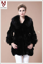 Load image into Gallery viewer, Coats for Women REX Rabbit Fur Coat Fox Fur Collar Jacket Overcoat 010105