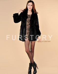 Winter Women's Rabbit Fur Coat with Fox Fur Collar Black Full Sleeve Natural Fur Coats Female