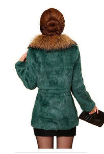 Natural Rabbit Fur Coat Supper Big Raccoon Fur Collar Women Overcoat