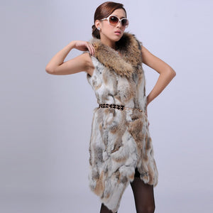 Real Rabbit Fur Vest Raccoon Fur Collar Waistcoat Coat Jacket