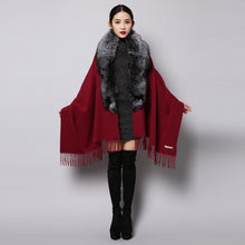 Load image into Gallery viewer, Fashion Cashmere Shawl with Big Fox Collar Natural Fur Poncho 15727