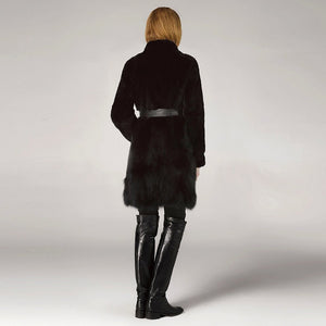 Natural Rabbit Fur Overcoats with Fox Fur Overcoat Belt Slim Winter Coat
