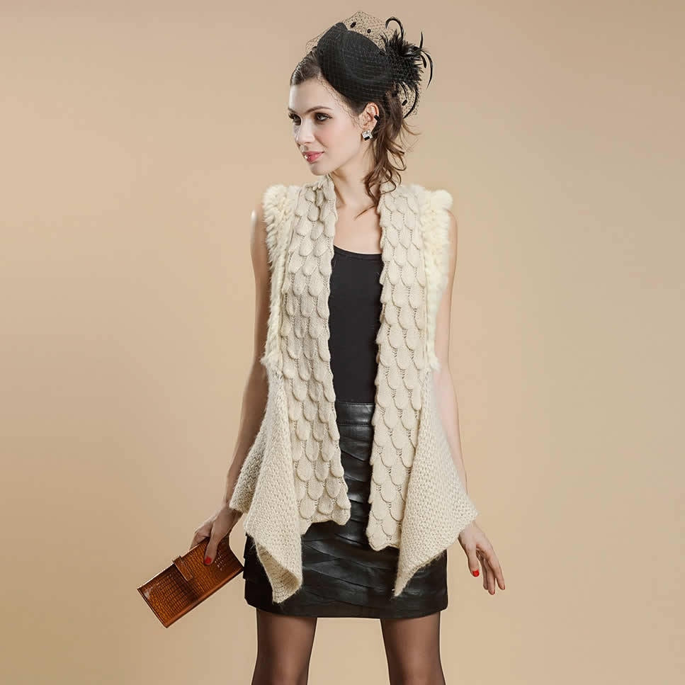 Natural Rabbit Fur Knitter Sweater Waistcoat Jacket Slim Waist Stylish Sweater Part Long Vest