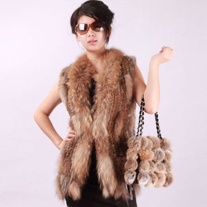 Women' S Long Real Rabbit Fur Vest Raccoon Fur Collar and Placket Tassel Decoration