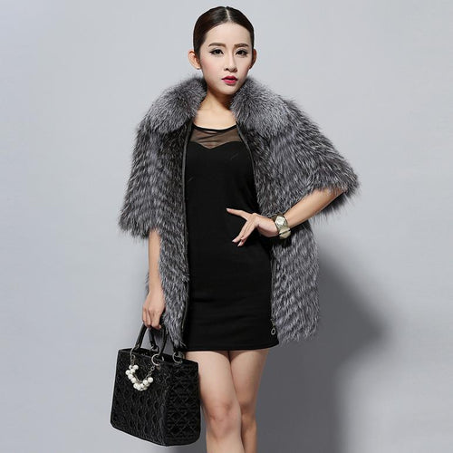 Women's Silver Fox Fur Coats with Fur Collar Puff Overcoat Winter Jackets Female Dress