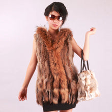 Load image into Gallery viewer, Long Women&#39;s Knitted Natural Rabbit Fur Vest Raccoon Fur Collar Hood Trim