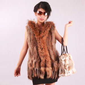 Long Women's Knitted Natural Rabbit Fur Vest Raccoon Fur Collar Hood Trim