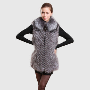 Silver Fox Fur Vest with Fur Collar Waistcoat Long Jacket Winter Overcoat  Women Dress