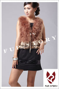 Natural Turkey Fur Vest with Rabbit Fur Fringe Jacket Coat Gilet 7 Colors