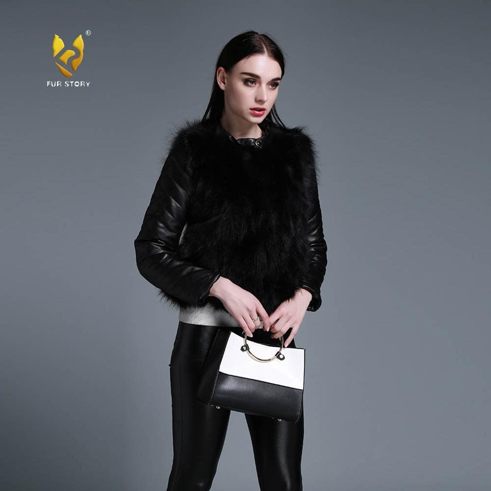Winter Women's Raccoon fur Jacket with Genuine Sheep leather Sleeve 151220