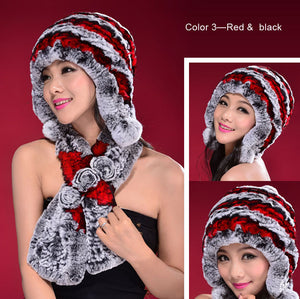 Knitted Real Rabbit Fur Hat Beanie Earmuff Bomber Hat  Women's Winter Hats 14606