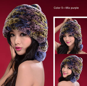 Knitted Real Rabbit Fur Hat Beanie Earmuff Bomber Hat  Women's Winter Hats 14606