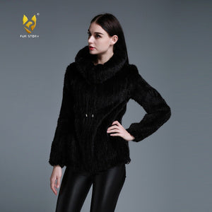 Women's Knitted Mink Fur Coat Women Big Collar Zipper Winter jacket 15199