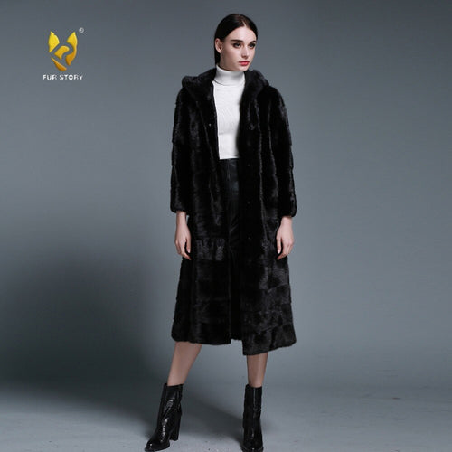 Women's Genuine Mink Fur Coat Women Hood Striped Fashion Winter Fur Overcoat for Women Fur Story FS16150