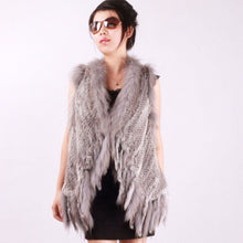 Load image into Gallery viewer, Women&#39;s Real Rabbit Fur Vest with Raccoon Collar Long Tassel Knitted Fur Vest Female