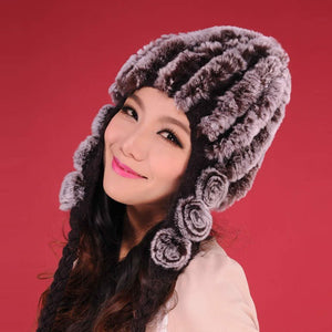 Women Beanies Real Rex Rabbit Fur Hat Ear Muffs Winter 13605