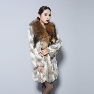 Women's Real Rabbit Fur Coat Luxury Raccoon Fur Collar Long Overcoat 010112