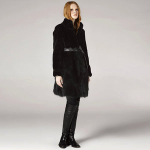 Natural Rabbit Fur Overcoats with Fox Fur Overcoat Belt Slim Winter Coat