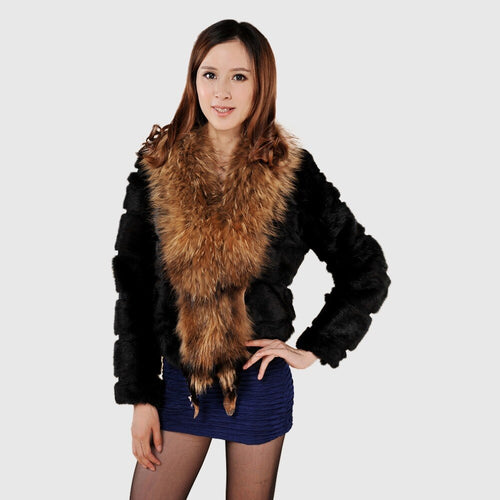 Rabbit Fur Coat Women's with Big Raccoon Fur Collar Real Natural Fur Coats Female