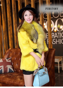 Natural Rabbit Fur Coat Jacket Real Raccoon Dog Fur Collar Trim Thick Jacket