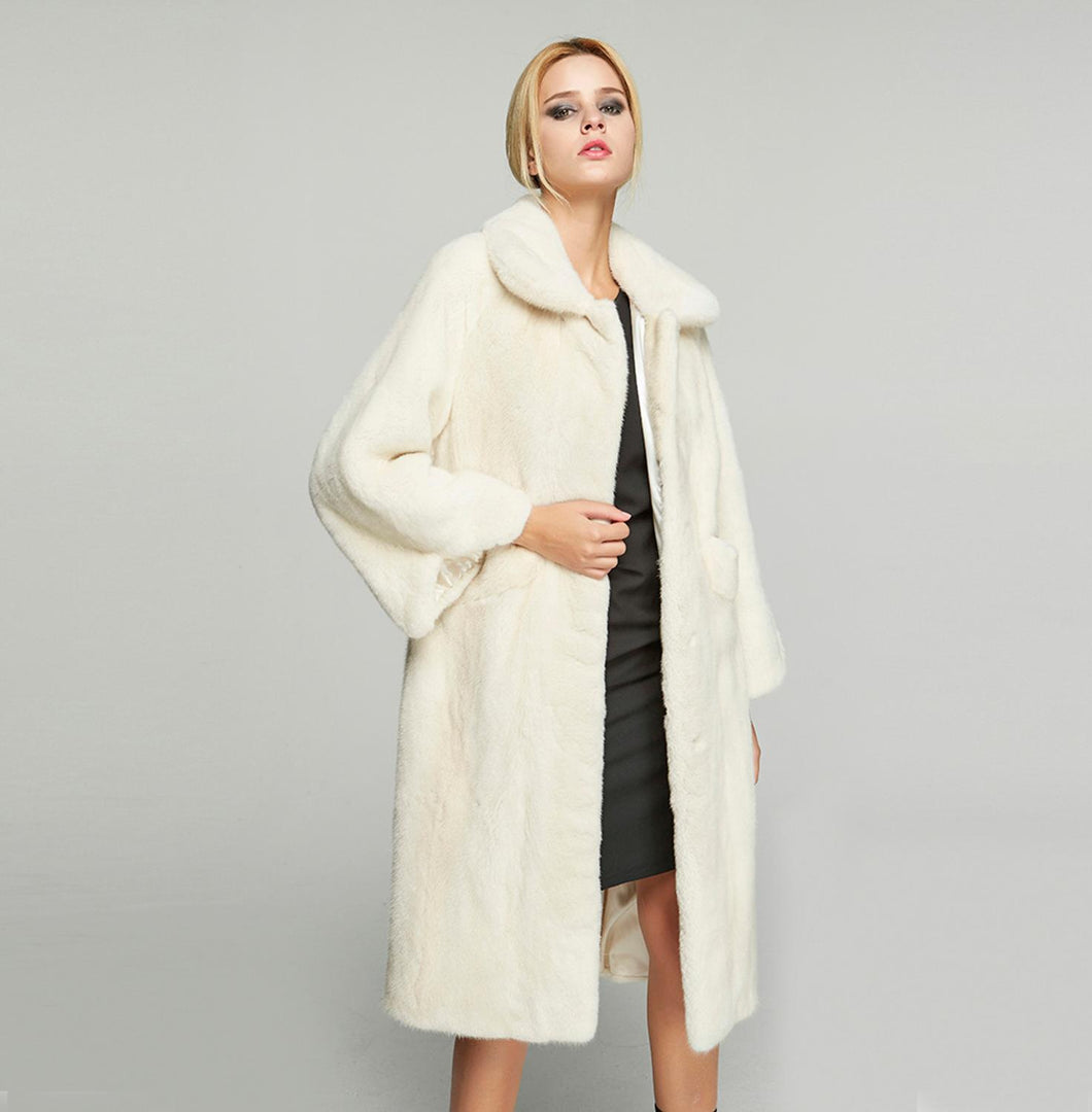 Fur Story FS18117 Women's Genuine Rabbit Fur Long Coat Turn-down Collar Women Jacket Belt Overcoat