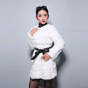 natural Rabbit Fur Coat Full Sleeve Overcoat Women Outerwear Winter 110cm Length