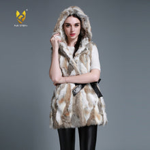 Load image into Gallery viewer, Natural Fur Vest Female with Big Fur Hood Rabbit Fur 5XL 6XL Plus Size Vest