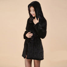 Load image into Gallery viewer, Women&#39;s Genuine Knitted Mink Fur Coat Hooded with Belt Long Real Fur Coat 15180