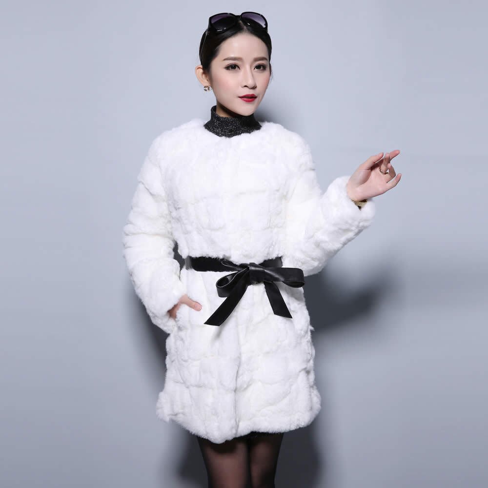 natural Rabbit Fur Coat Full Sleeve Overcoat Women Outerwear Winter 110cm Length