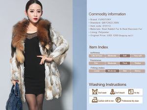 Women's Real Rabbit Fur Coat Luxury Raccoon Fur Collar Long Overcoat 010112